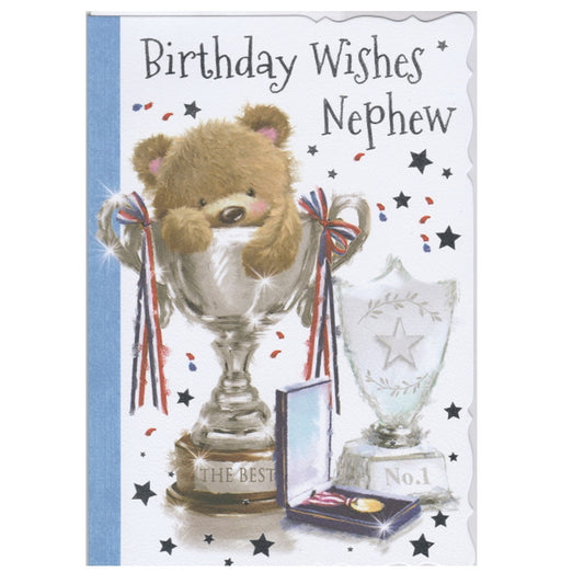 Front of this card features an illustration of a bear with trophies and a medal with the text 'Birthday Wishes Nephew'