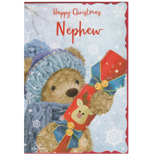 Front of this nephew Christmas card features a illustration of a bear holding a Christmas cracker, surrounded by snowflakes, paired with a message.