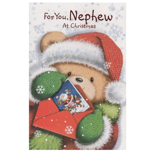 Front of this nephew Christmas card features an illustration of a teddy bear holding a Santa themed card and envelope, paired with a message.