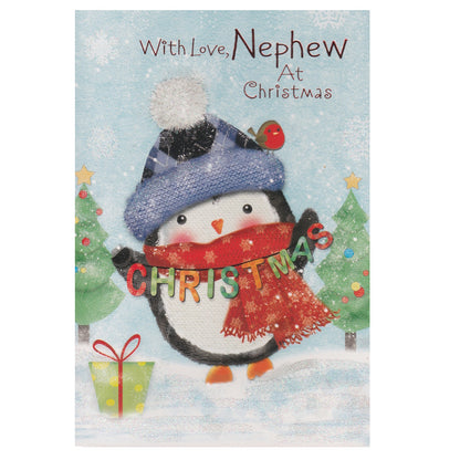 Front of this nephew Christmas card features an illustration of a penguin wearing a blue scarf holding a Christmas banner, with the text 'With Love, NEPHEW At Christmas'.