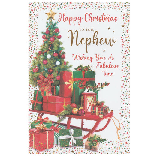 Front of this nephew Christmas card features a illustration of a decorated Christmas tree with a sleigh laden with presents, paired with a message.