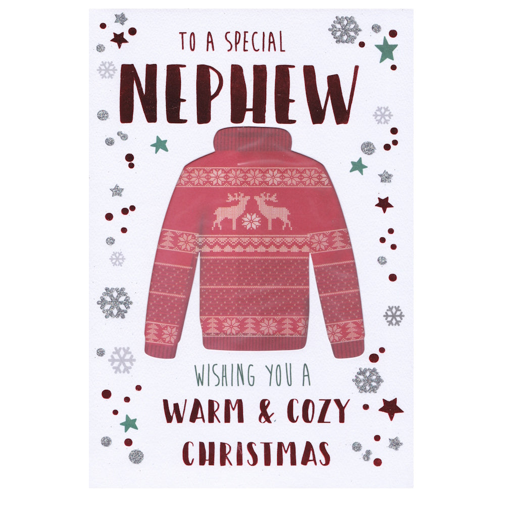Front of this nephew Christmas card features a illustration of a Christmas jumper surrounded by snowflakes, paired with a message.