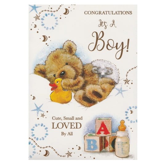 Front of this new baby card features an illustration of a bear cub with a yellow duck, paired with a message.