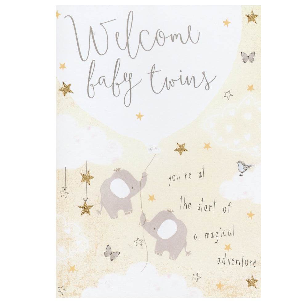 Front of this new baby twins greeting card features an illustration of two Elephants holding a balloon, paired with a message.