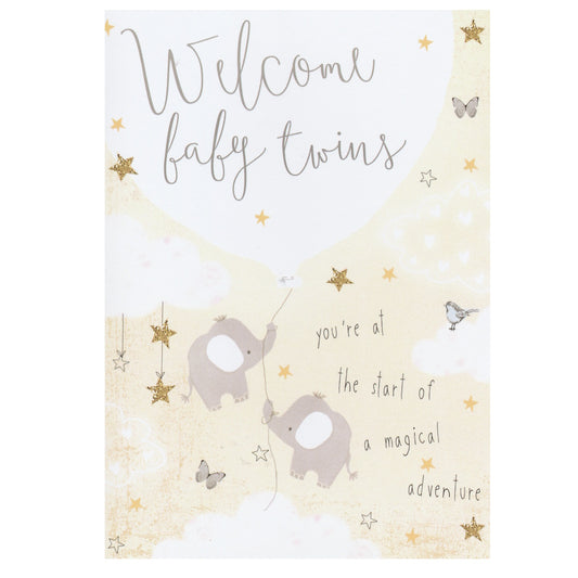 Front of this new baby twins greeting card features an illustration of two Elephants holding a balloon, paired with a message.