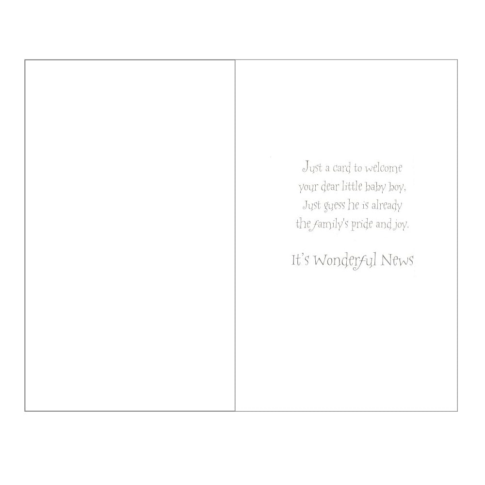 Front of this card features an illustration of blue baby toys, paired with a message.