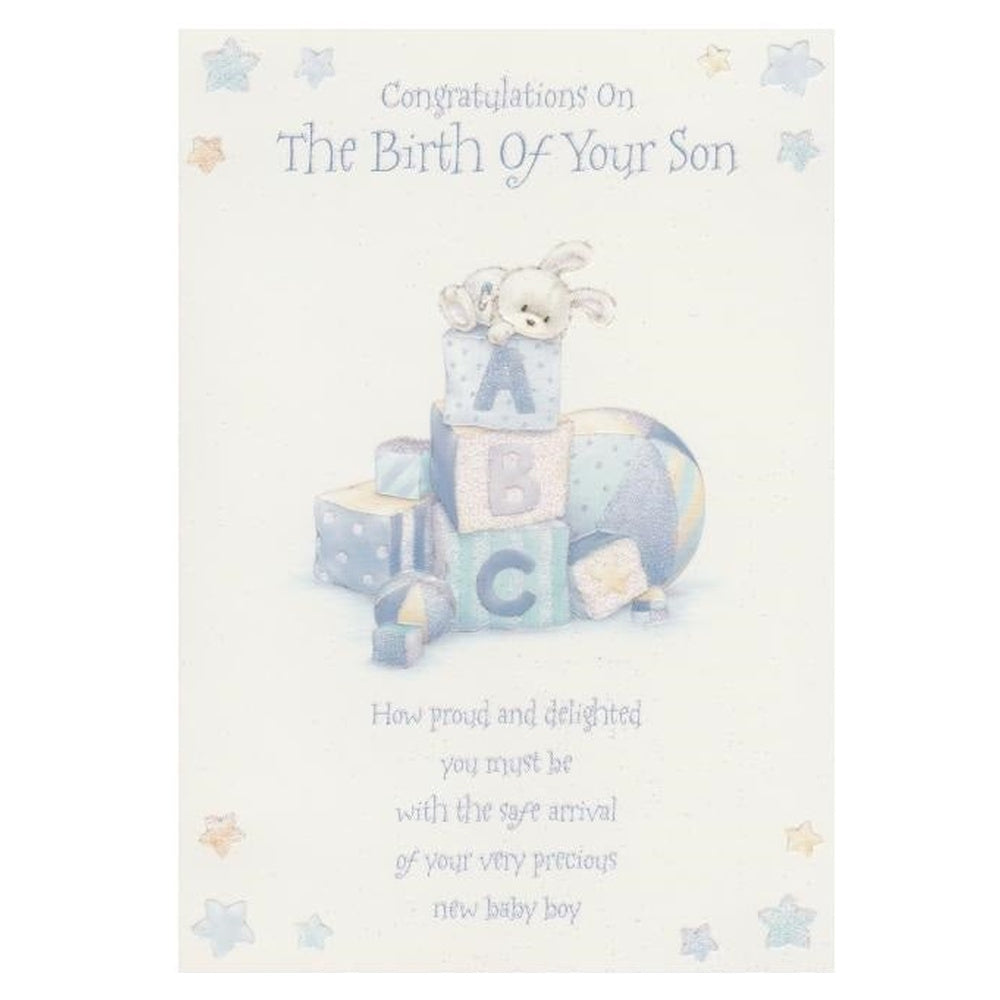 Front of this card features an illustration of blue baby toys, paired with a message.