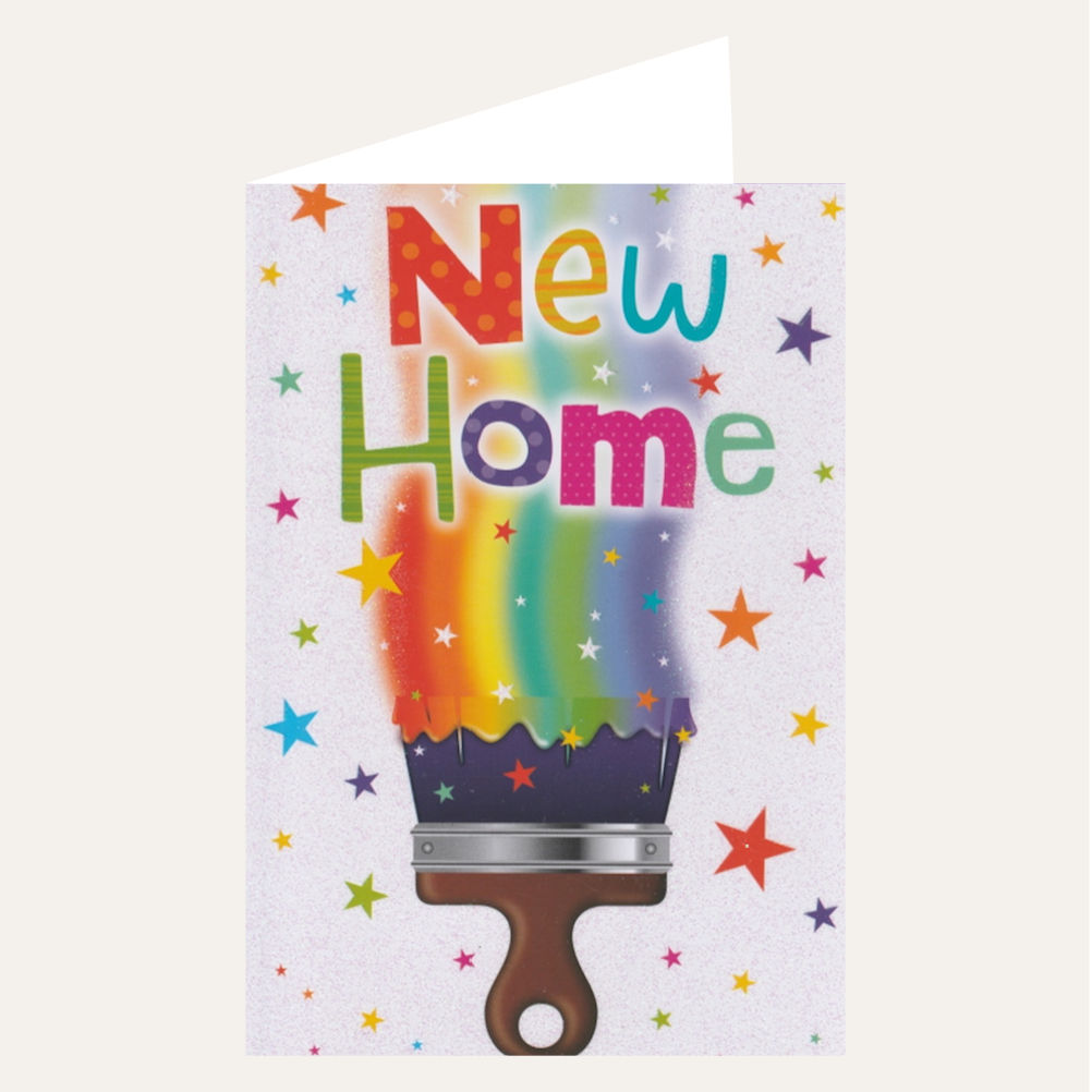 This new home card has illustration of a paintbrush painting a rainbow on a glittered starred background. Shop new home greeting cards.