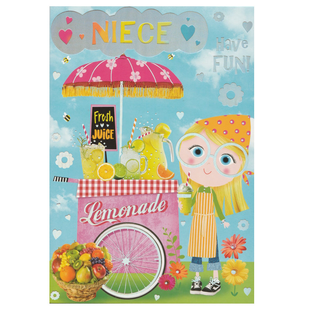 Front of this niece birthday card features an illustration of a girl and a pink lemonade stand, paired with a message