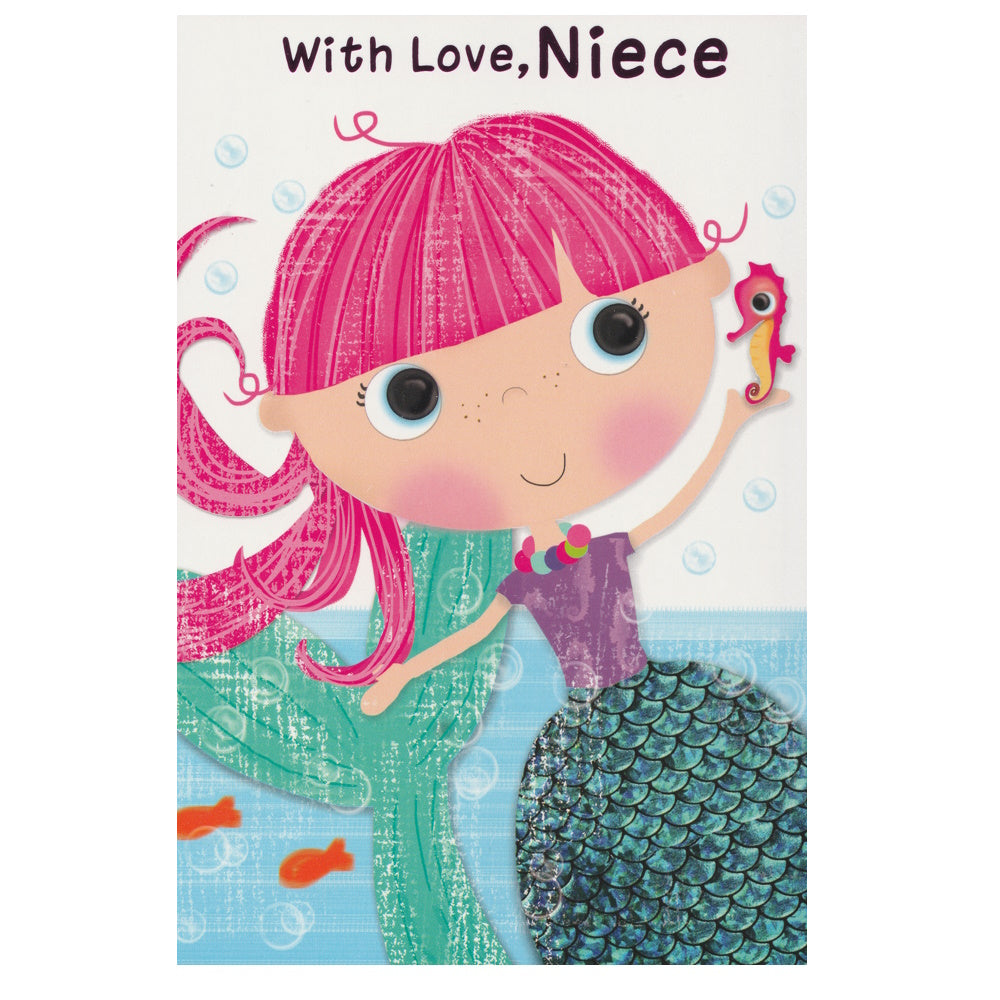 Front of this card features a pink haired mermaid with a green tail and a seahorse, 'With the text 'With Love, Niece'.