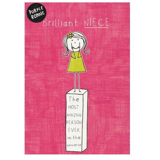 Front of this niece birthday card features a stick figure with the text 'BRILLIANT NIECE THE MOST AMAZING PERSON EVER IN THE UNIVERSE'.