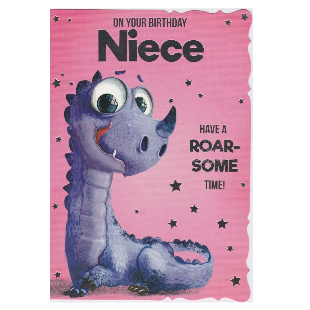 Front of this niece birthday card features an illustration of a purple dragon, with the text 'ON YOUR BIRTHDAY Niece' HAVE A ROAR-SOME TIME!'.