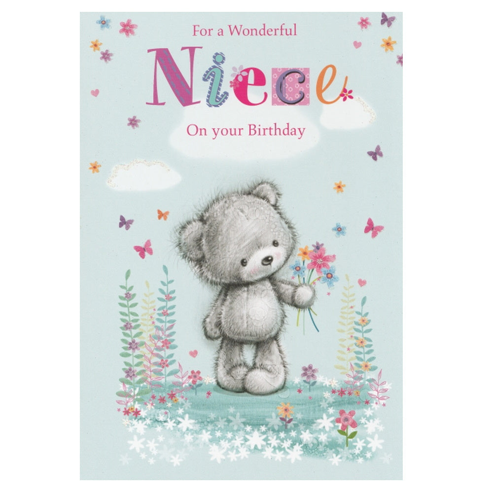 Front of this niece birthday card features an illustration of a bear with flowers, paired with a message.