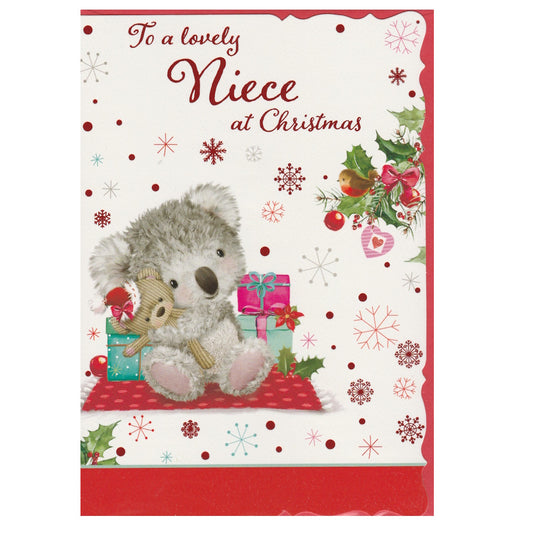 Front of this niece Christmas card features an illustration of a koala bear holding a teddy bear with the text 'To a lovely Niece at Christmas'.