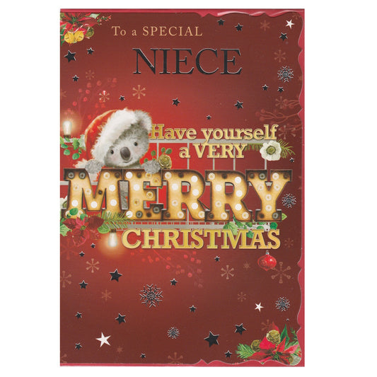 Front of this niece Christmas card features an illustration of a koala wearing a fluffy Christmas hat, paired with a message.