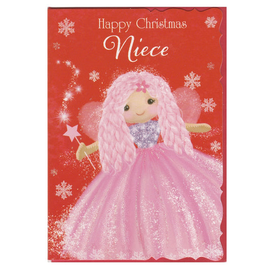 Front of this niece Christmas card features an illustration of a fairy holding a star wand with the text 'Happy Christmas Niece'.
