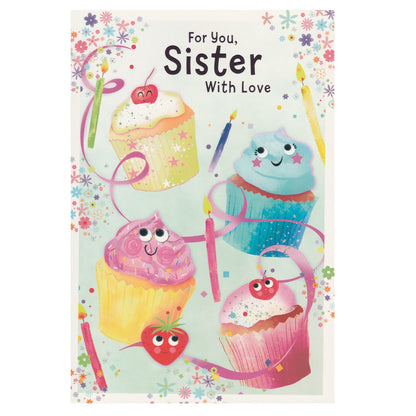 Front of this card features illustrations of four colourful iced cupcakes, paired with a message.