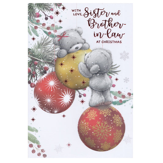 Front of this sister & brother-in-law christmas card features a illustration of a Christmas tree branch with colourful baubles and two bears, paired with a message.