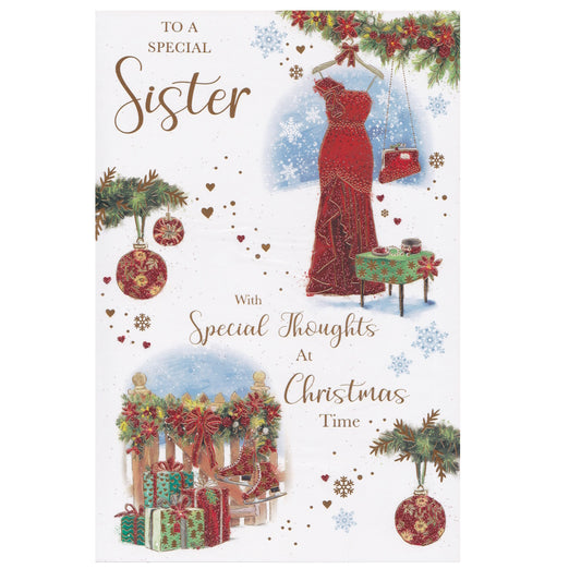 Front of this sister Christmas card features an illustration of a glittered red dress and a pile of Christmas presents, paired with a message.