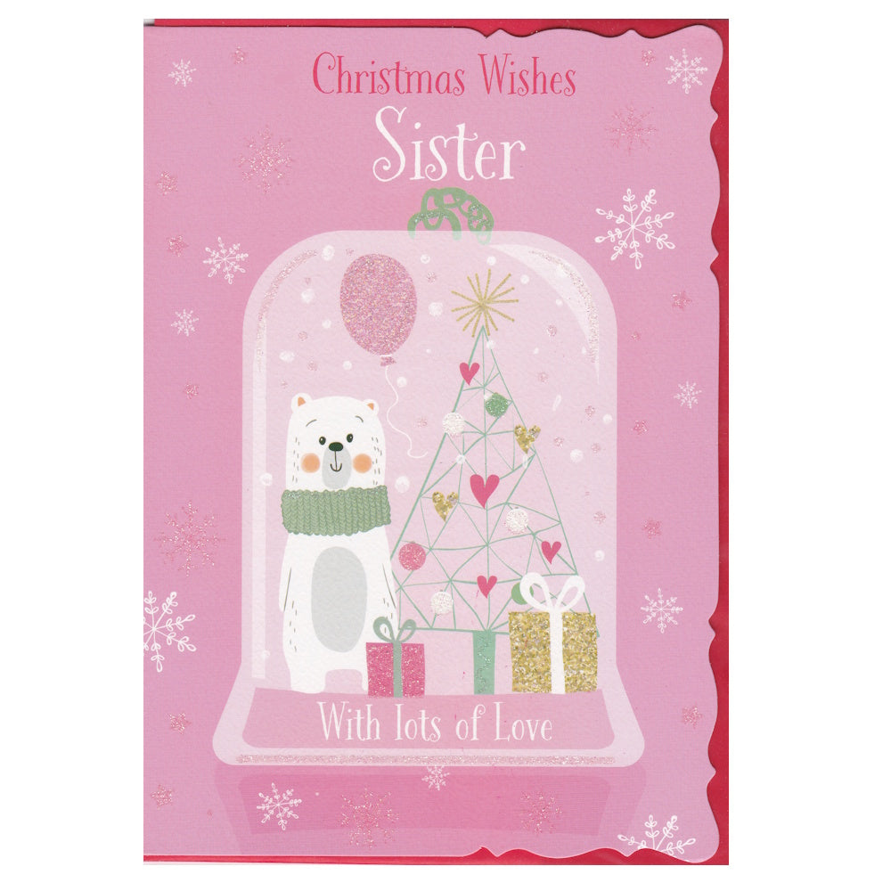 Front of this sister Christmas card features an illustration of a polar bear and a Christmas tree, with the text 'Christmas Wishes Sister' 'With lots of Love'.