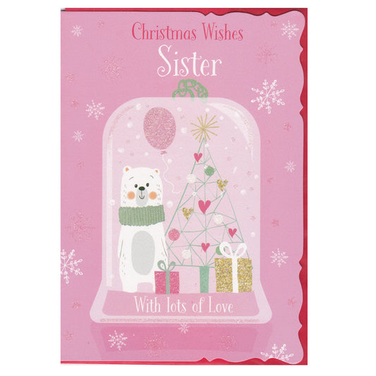 Front of this sister Christmas card features an illustration of a polar bear and a Christmas tree, with the text 'Christmas Wishes Sister' 'With lots of Love'.
