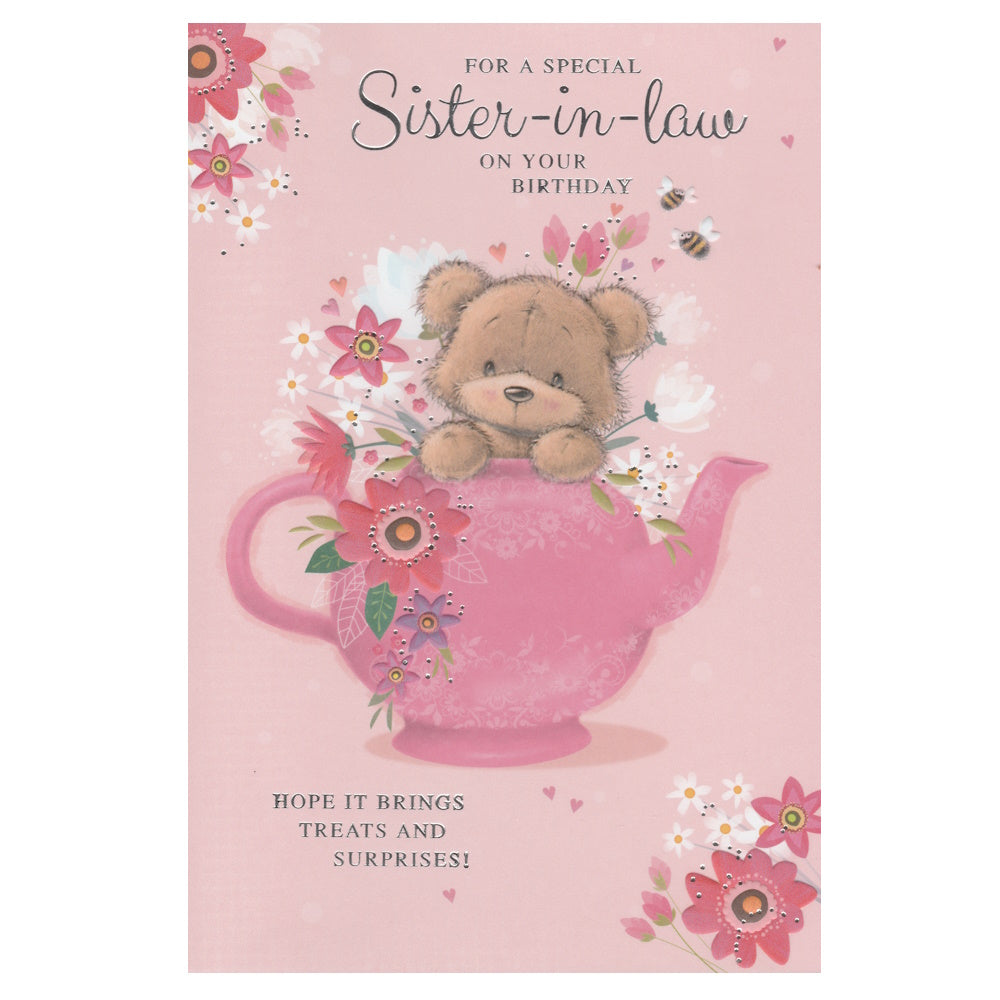 Front of this card features a illustration of a bear sitting in a pink teapot, paired with a message.