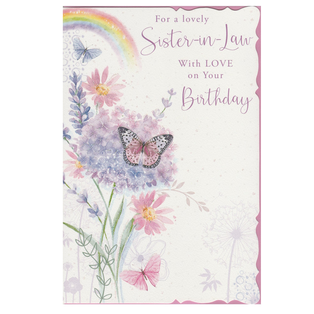 Front of this card features an illustration of a rainbow, flowers and butterflies, paired with a message.