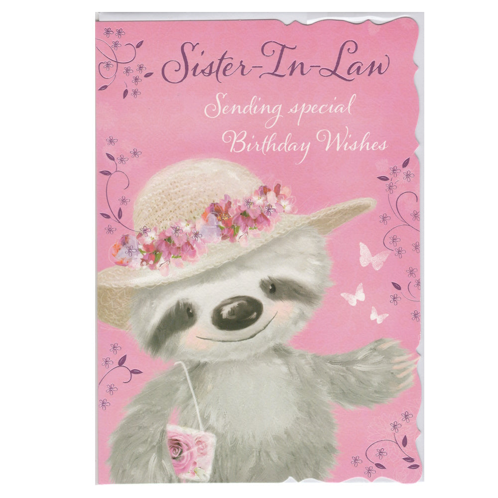 Front of this card features a illustration of a sloth wearing a hat with a brim full of flowers, with the text 'Sister-In-Law Sending special Birthday Wishes'.