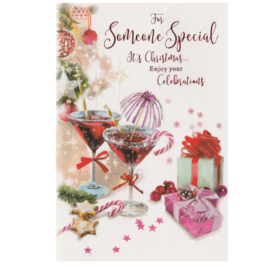 Front of this someone special christmas card features an illustration of cocktails and Christmas presents, paired with a message.