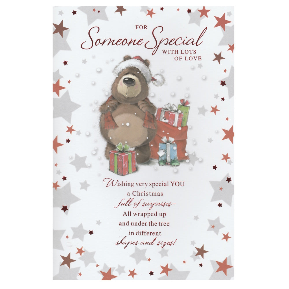 Front of this open christmas card features an illustration of a bear and presents, paired with a message.