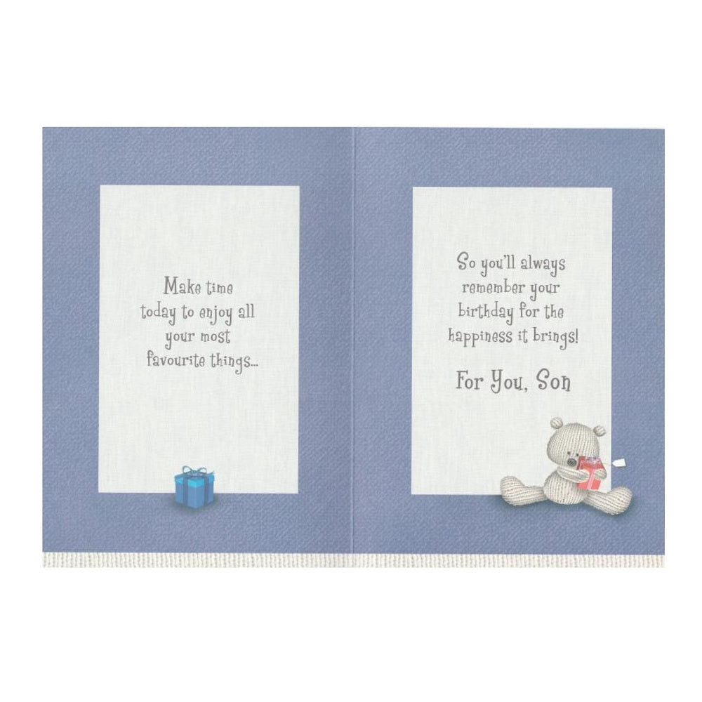 Front of this card features an illustration of a teddy bear holding a gift with the text 'Loving Birthday Wishes SON'.