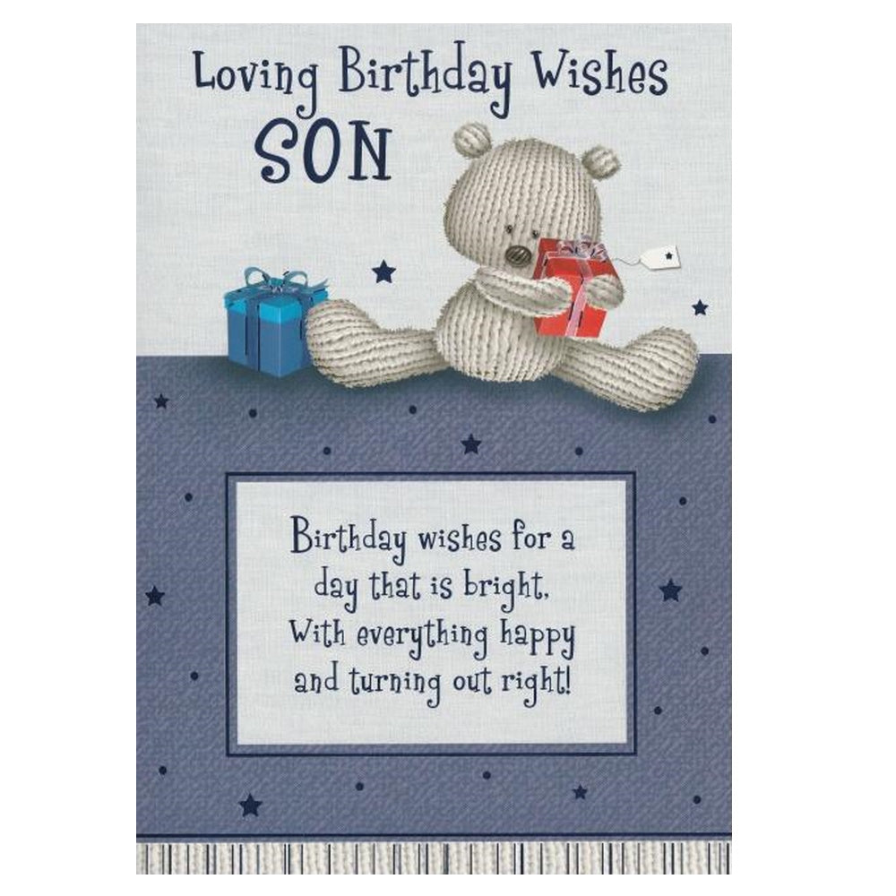 Front of this card features an illustration of a teddy bear holding a gift with the text 'Loving Birthday Wishes SON'.