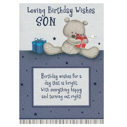 Front of this card features an illustration of a teddy bear holding a gift with the text 'Loving Birthday Wishes SON'.