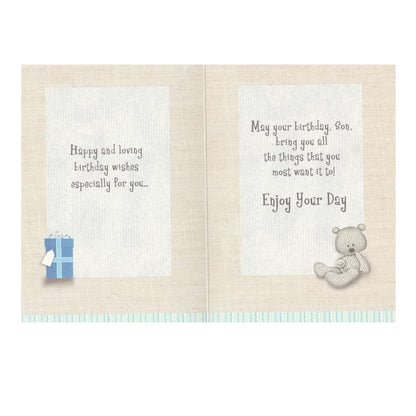 Front of this card features an illustration of a bear resting against a present with the text 'On Your Birthday SON With Love'.