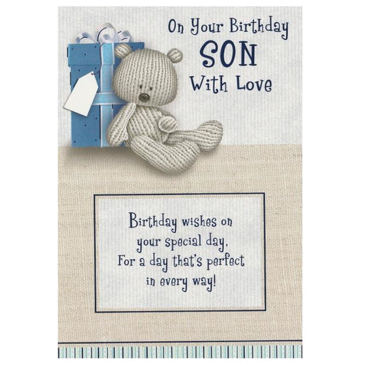 Front of this card features an illustration of a bear resting against a present with the text 'On Your Birthday SON With Love'.