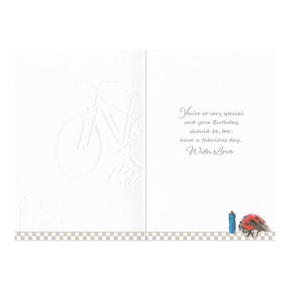 Front of this card features an illustration of a red bicycle with the text 'With Love, Son Have A Great Day' and 'Enjoy Yourself!'.