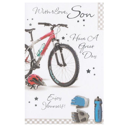 Front of this card features an illustration of a red bicycle with the text 'With Love, Son Have A Great Day' and 'Enjoy Yourself!'.