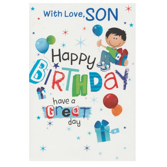 Front of this card features a colourful illustration of a boy holding a balloon and present, paired with a message.