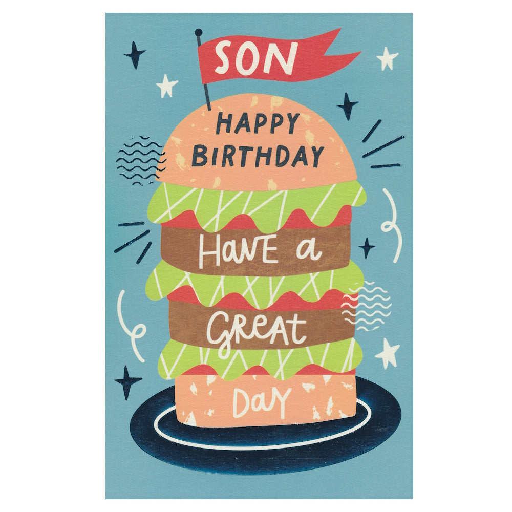 Front of this card features an illustration of a colourful burger on a blue background, paired with a message.