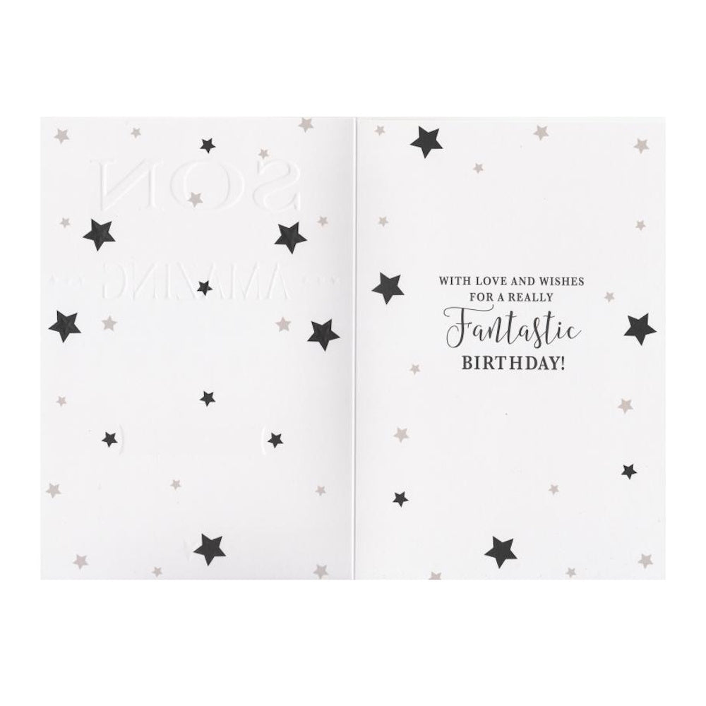 Front of this card features the text "FOR A GREAT SON HAVE AN AMAZING DAY CELEBRATE IN STYLE" with a star and leaf background.