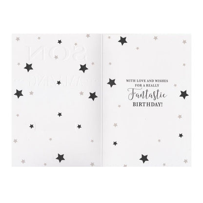 Front of this card features the text "FOR A GREAT SON HAVE AN AMAZING DAY CELEBRATE IN STYLE" with a star and leaf background.