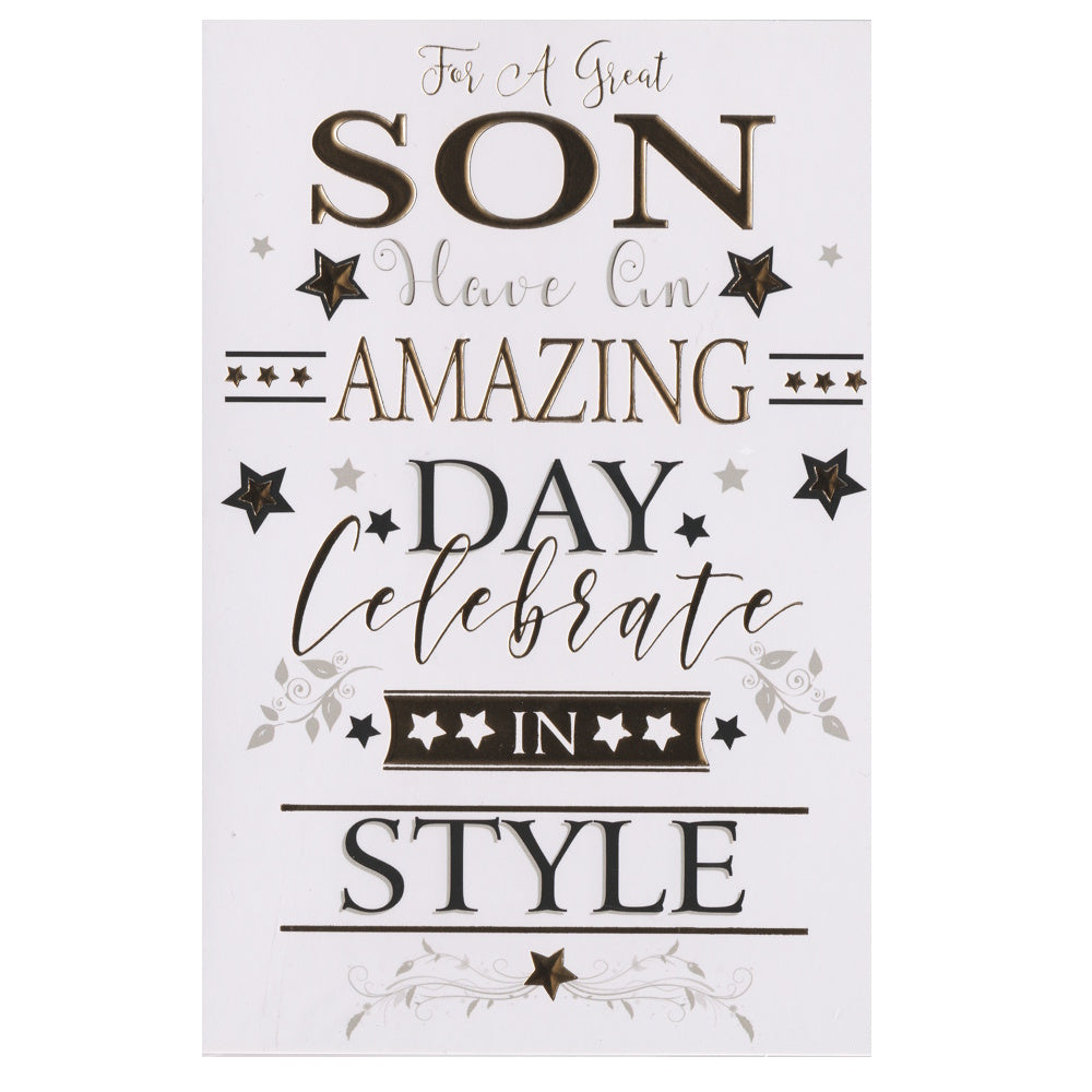 Front of this card features the text "FOR A GREAT SON HAVE AN AMAZING DAY CELEBRATE IN STYLE" with a star and leaf background.