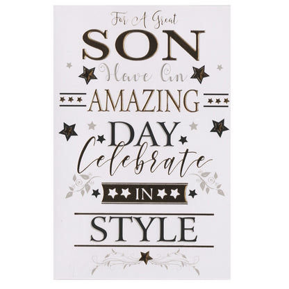 Front of this card features the text "FOR A GREAT SON HAVE AN AMAZING DAY CELEBRATE IN STYLE" with a star and leaf background.