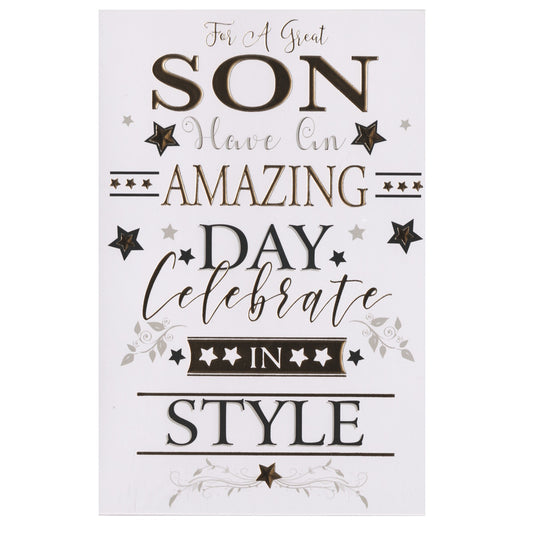 Front of this card features the text "FOR A GREAT SON HAVE AN AMAZING DAY CELEBRATE IN STYLE" with a star and leaf background.