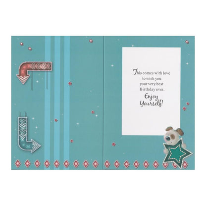 Front of this card features an illustration of a dog with signs, paired with a message.