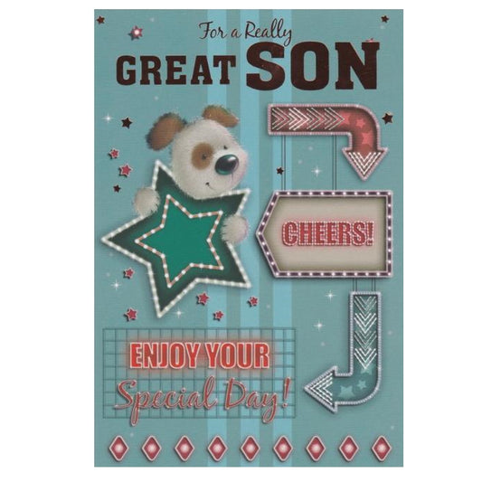 Front of this card features an illustration of a dog with signs, paired with a message.