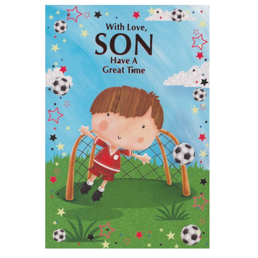 Front of this card features a cartoon image of a boy in a red shirt as a goalkeeper in front of a football net and the text 'With Love, SON Have A Great Time'.