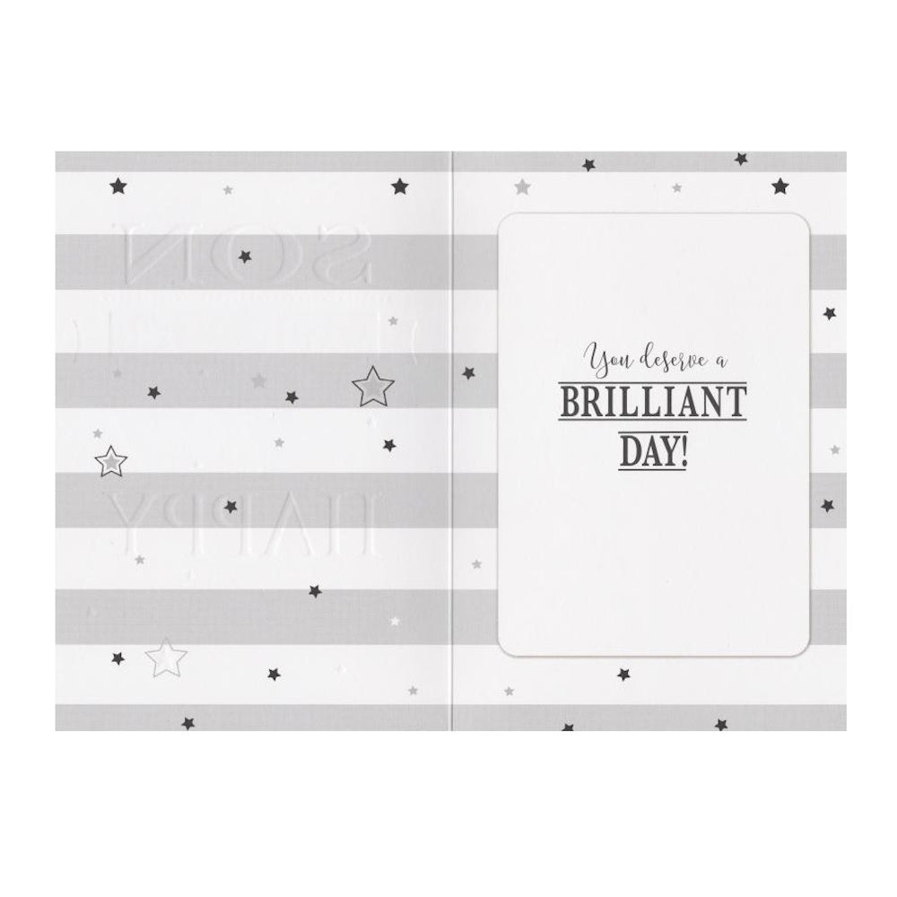 Front of this card features the text "FOR A REALLY SPECIAL SON WISHING YOU A VERY HAPPY BIRTHDAY" on a striped background.