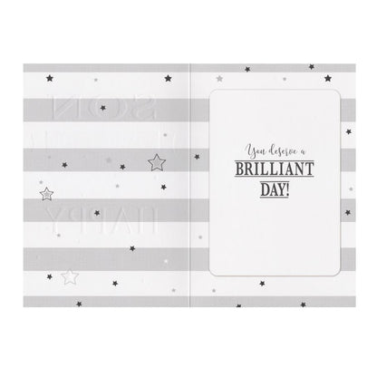 Front of this card features the text "FOR A REALLY SPECIAL SON WISHING YOU A VERY HAPPY BIRTHDAY" on a striped background.