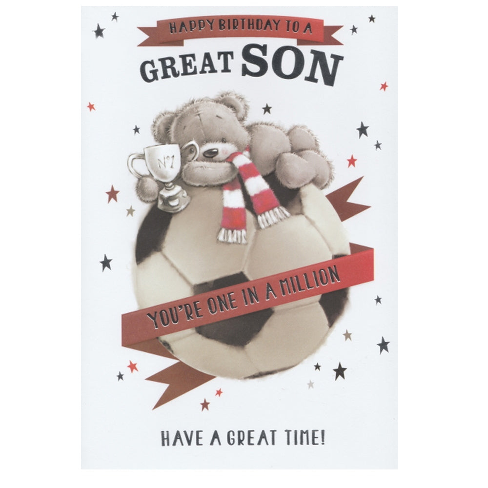 Front of this card features an illustration of a bear lying on top of a football, holding a number one trophy, paired with a message.